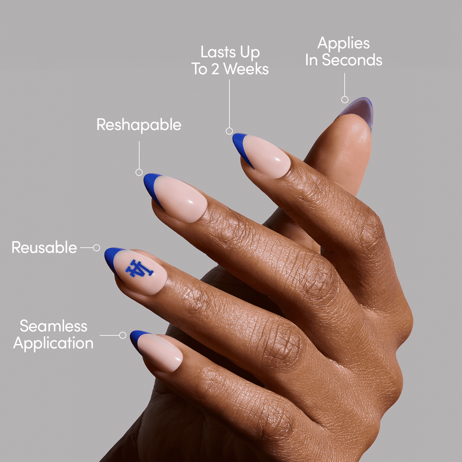 Glamnetic x Fanatics Press On Nails - Los Angeles Dodgers | Short Almond Fake Nails, MLB Dodgers Blue French Tips, Baseball Nails, Salon-Quality | 15 Sizes - 30 Nail Kit with Glue