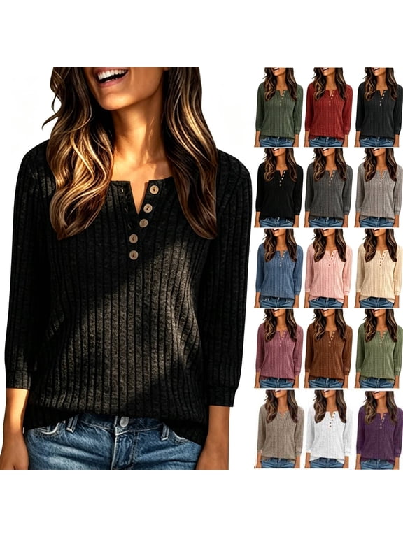 Women's Ribbed Knit Henley Sweater Tops 3/4 Sleeve Crewneck Button Down Brushed Loose Fit Casual Pullover Shirts Fall Winter 2026 S-2XL