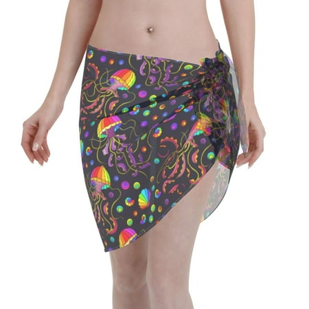 Qekee Rainbow Jellyfishes Women s Short Sarongs Cover Ups Sheer Bikini Wraps for Swimwear