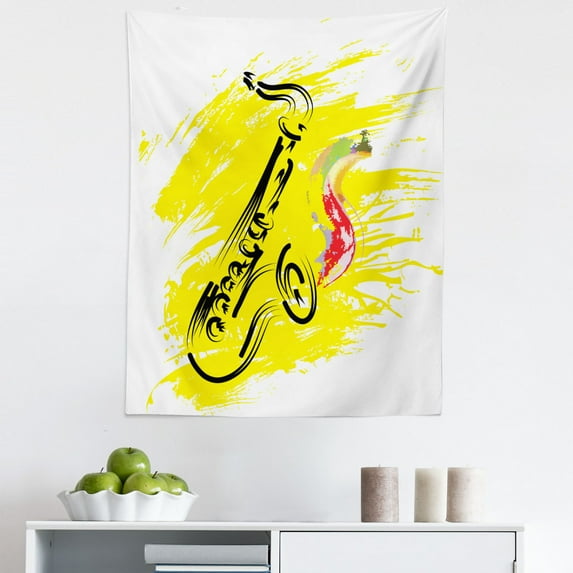 Yellow Black Tapestry, Saxophone Color Paint Splash Background Design Illustration, Fabric Wall Hanging Decor for Bedroom Living Room Dorm, 5 Sizes, Yellow Black, by Ambesonne