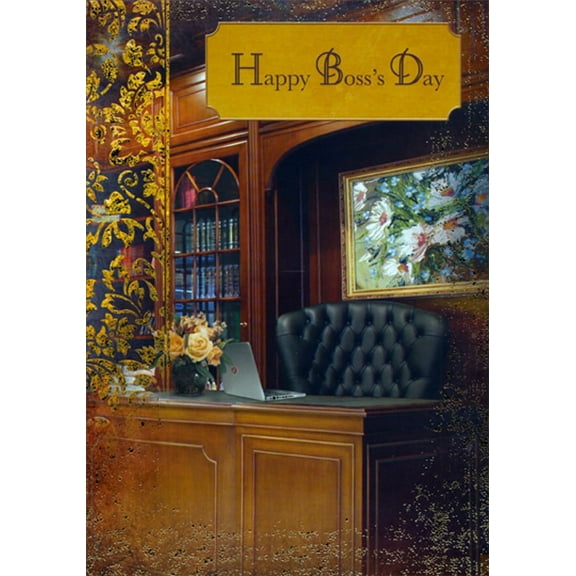 Designer Greetings Wood Paneled Desk and Office with Gold Foil Border Boss's Day Card