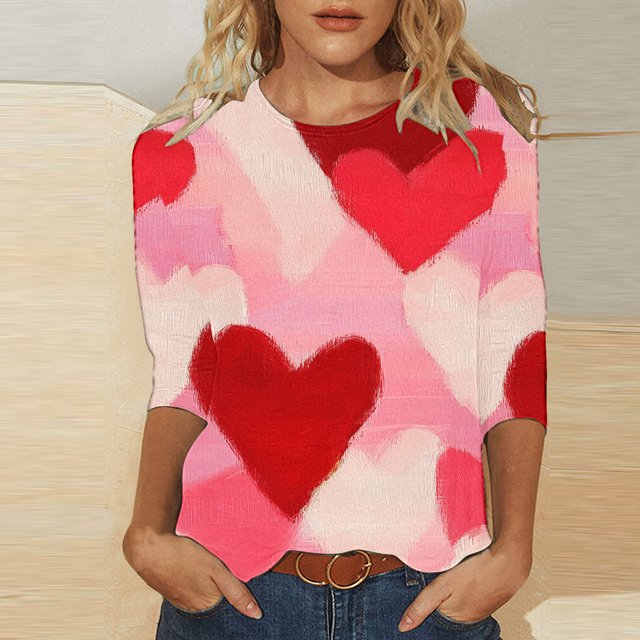 Styesk T-Shirts pour Femmes à Manches 3/4 Longueur, Imprimé Cœur, Hauts de Sortie, T-Shirts Confortables et Doux à Col Rond, Chandail à Enfiler, T-shirt Léger de Mode, Graphique de la Saint-Valentin, Grande Taille, Hauts Décontractés