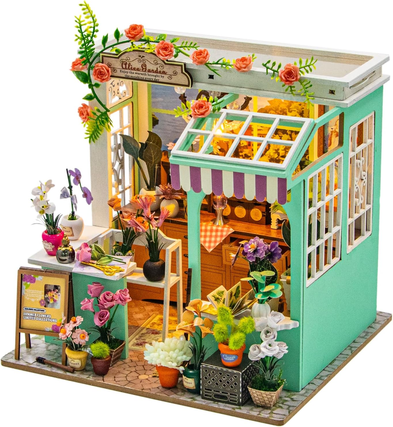 Qissep DIY Miniature Kit Flower Garden, Flower Shop Theme Miniature Assembly Model Cottage, DIY Assembly Model, Handmade Creative Craft, Green,Interesting Gifts for Family, Friends,Colleague