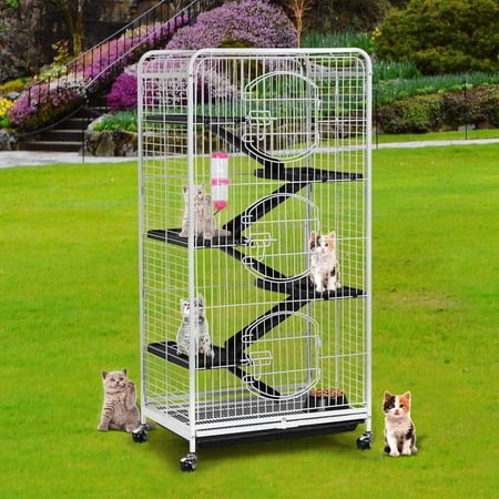 Large Rolling Cat Kitten Cage 6-Tier 52" Metal Kitten House for Ferret Chinchilla Rabbit Squirrels w/ 3 Front Doors/Pet Bowl/Water Bottle White