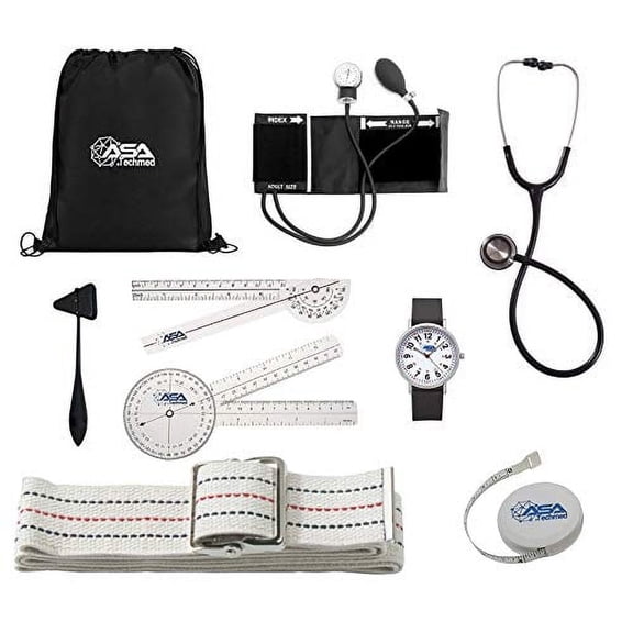 ASA TECHMED - PT-Physical Therapy Student Kit with Standard Items Gait Belt, Stethoscope, Blood Cuffs, Medical Watch, Goniometer Kit and Taylor Hammer