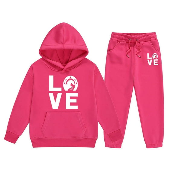 Big Girls Outfits Set Kids Letter Print Hoodie Pants Casual Comfy Two Piece Outfit Kids Clothing Hot Pink Size 8-9T