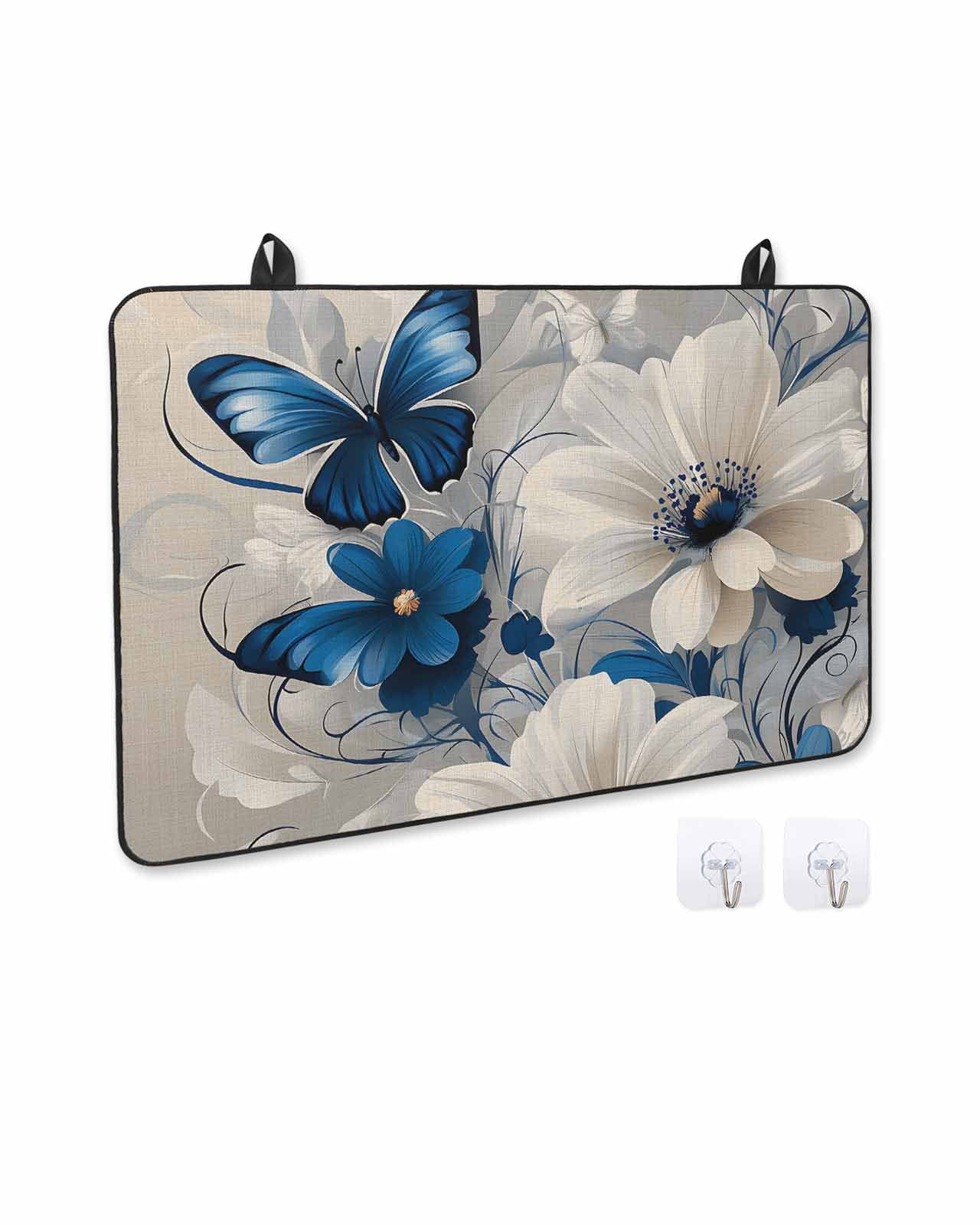 nqOlkjepod Large Induction Cooktop Protector Mat 36"x21", White Blue Flowers Stove Top Covers for Electric Stove, Vintage Elegance Butterfly Floral Stove Burner Cover Mats, Glass Top Stove Cover
