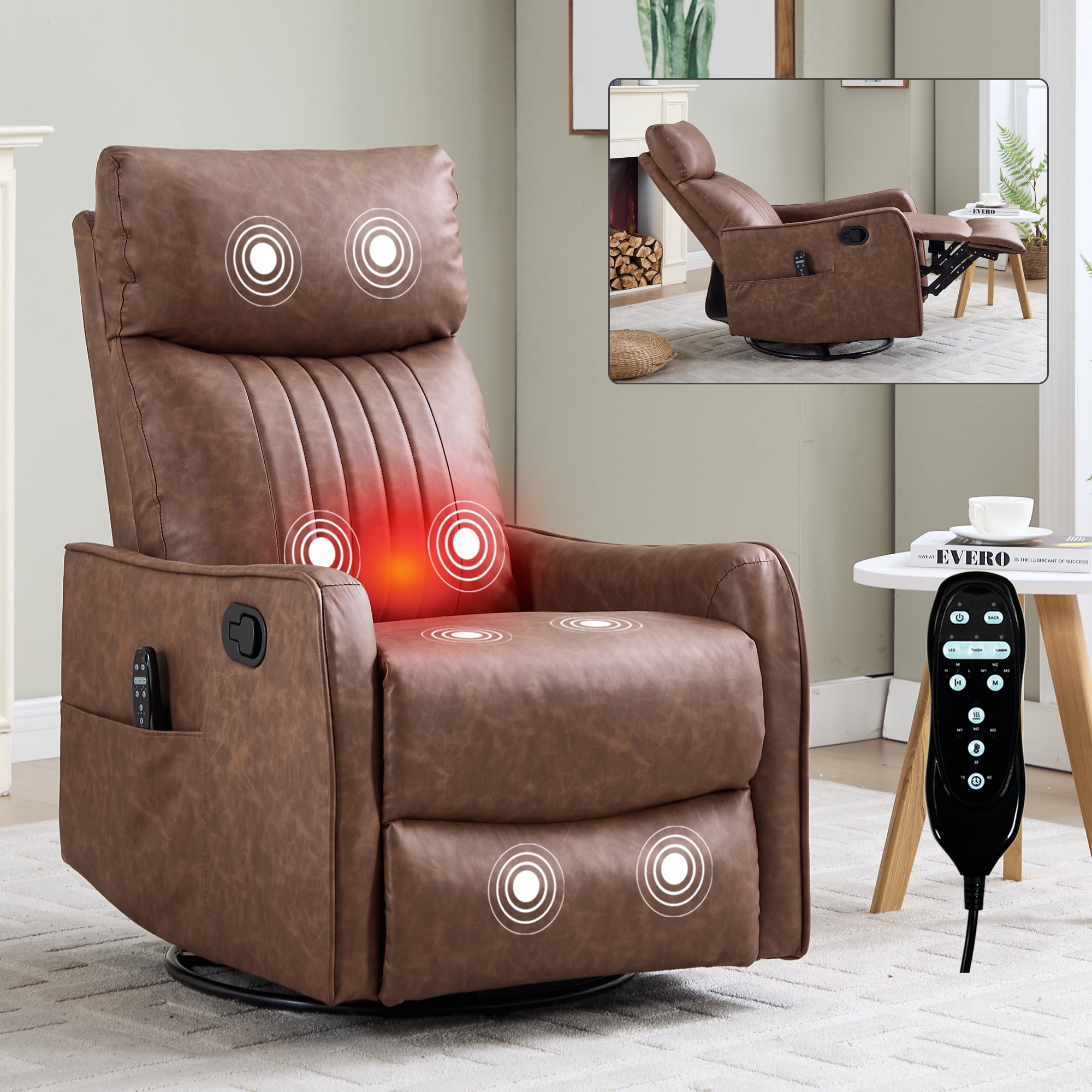 Gewnee 360° Swivel Rocking Recliner with Massage & Heat, Adjustable Reclining Angle, for Living Room & Office，Brown