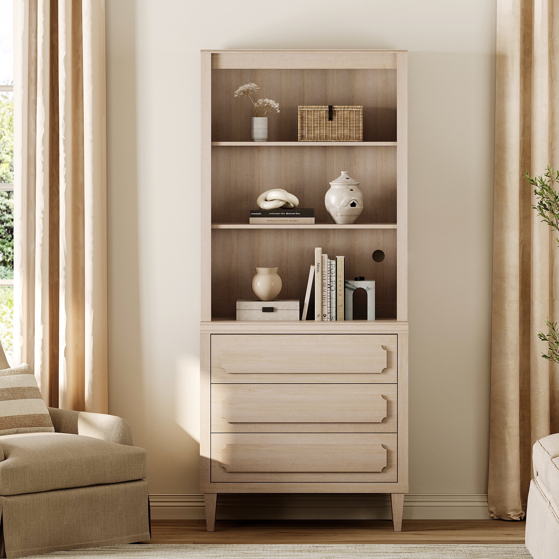 Tall Bookshelf with Drawers, 72.8 Inch Vintage Wood Bookcase with Storage
