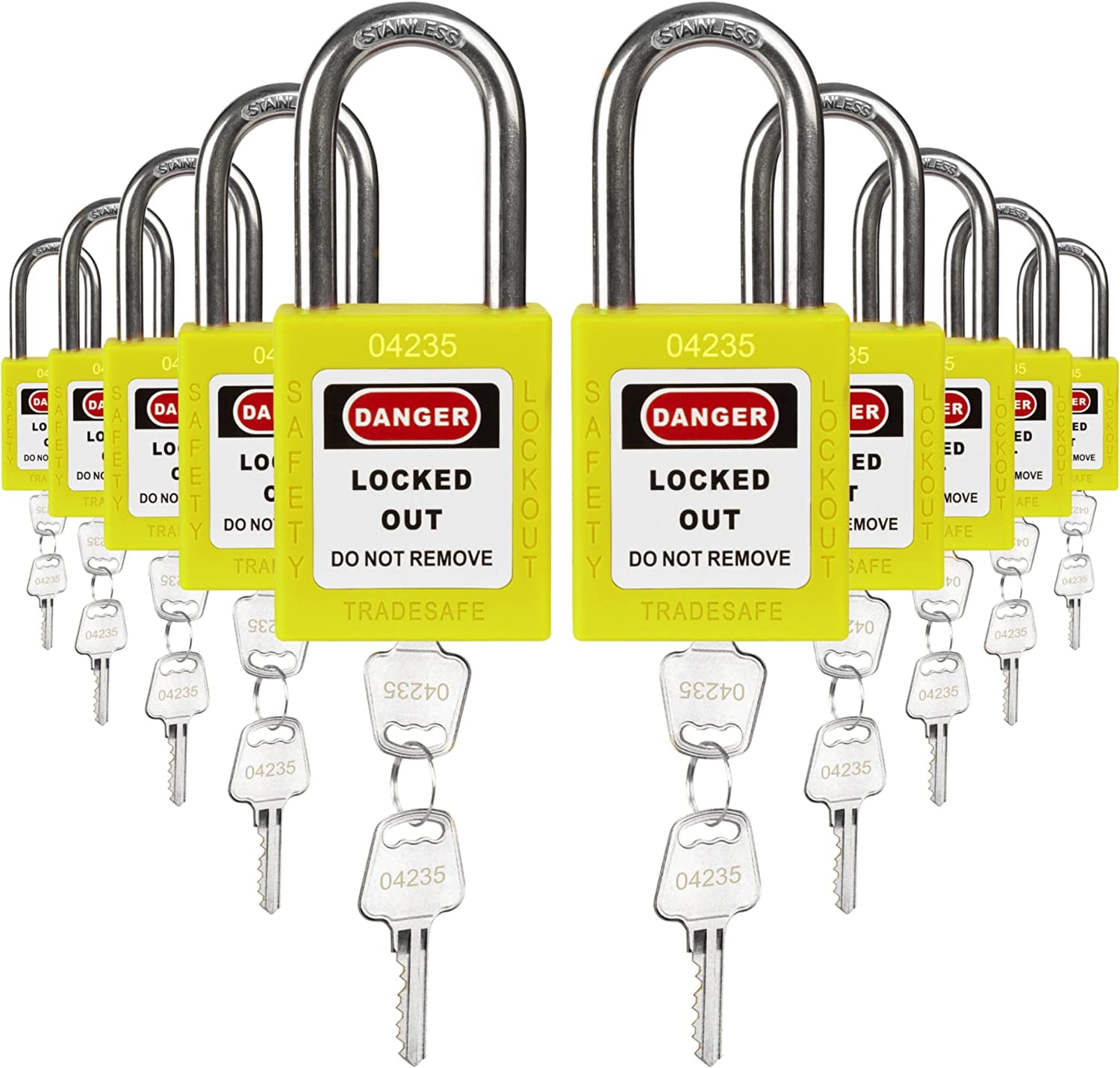 TRADESAFE Lockout Tagout Locks Set 10 Yellow Keyed Alike Padlocks, 2 Keys Per Lock, OSHA