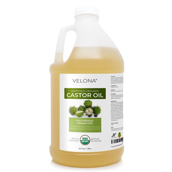 Velona USDA Certified Organic Castor Oil - 64 oz | Cold-Pressed, Hexane-Free, USP Grade | For Hair, Eyelash & Eyebrow | Bottled in USA