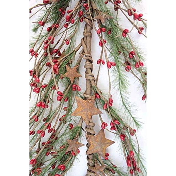 Evron International N007 Red Primitive Christmas Berries and Pine Needles with Rusty Stars Seasonal Decor