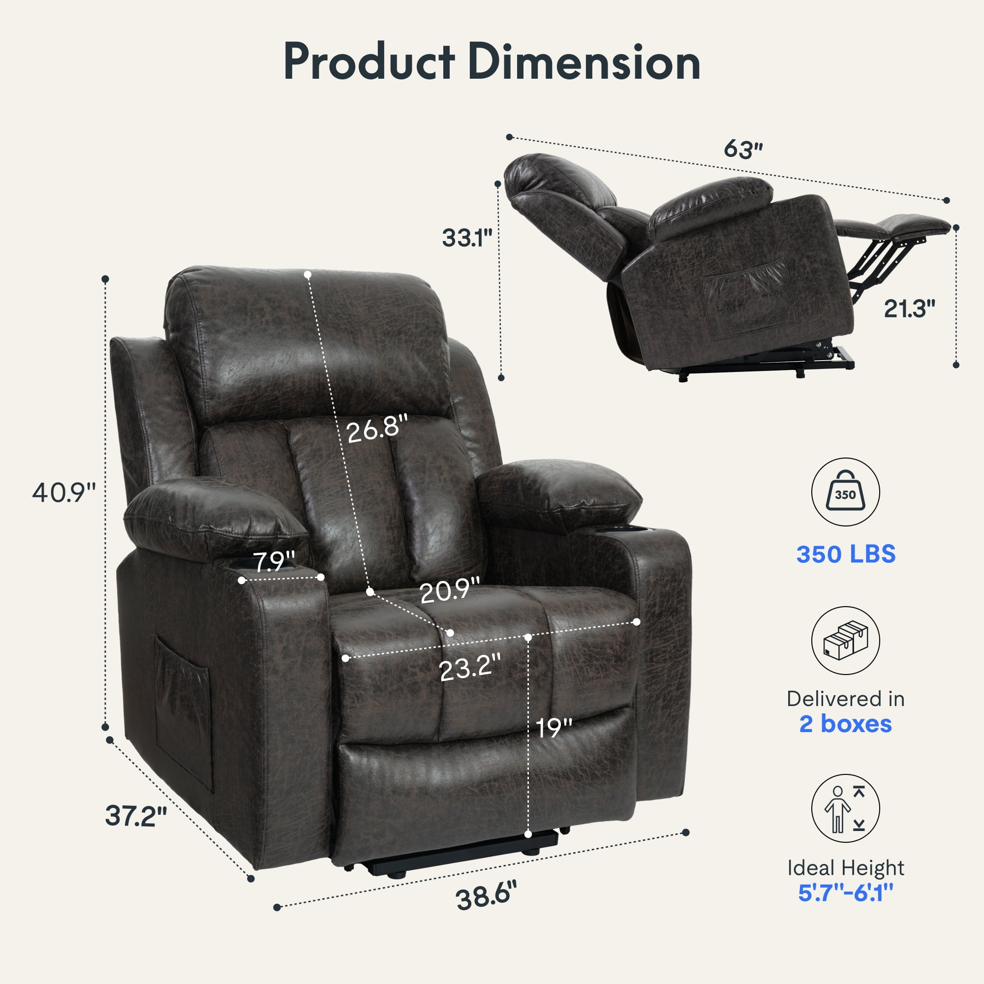 FLEXISPOT Power Lift Recliner Chair with Massage & Heat, Dual Motor Electric Lift Chair, Wide Seat Faux Leather Reclining Chair for Elderly, Soft Upholstered, Infinite Position, Living Room, L Size