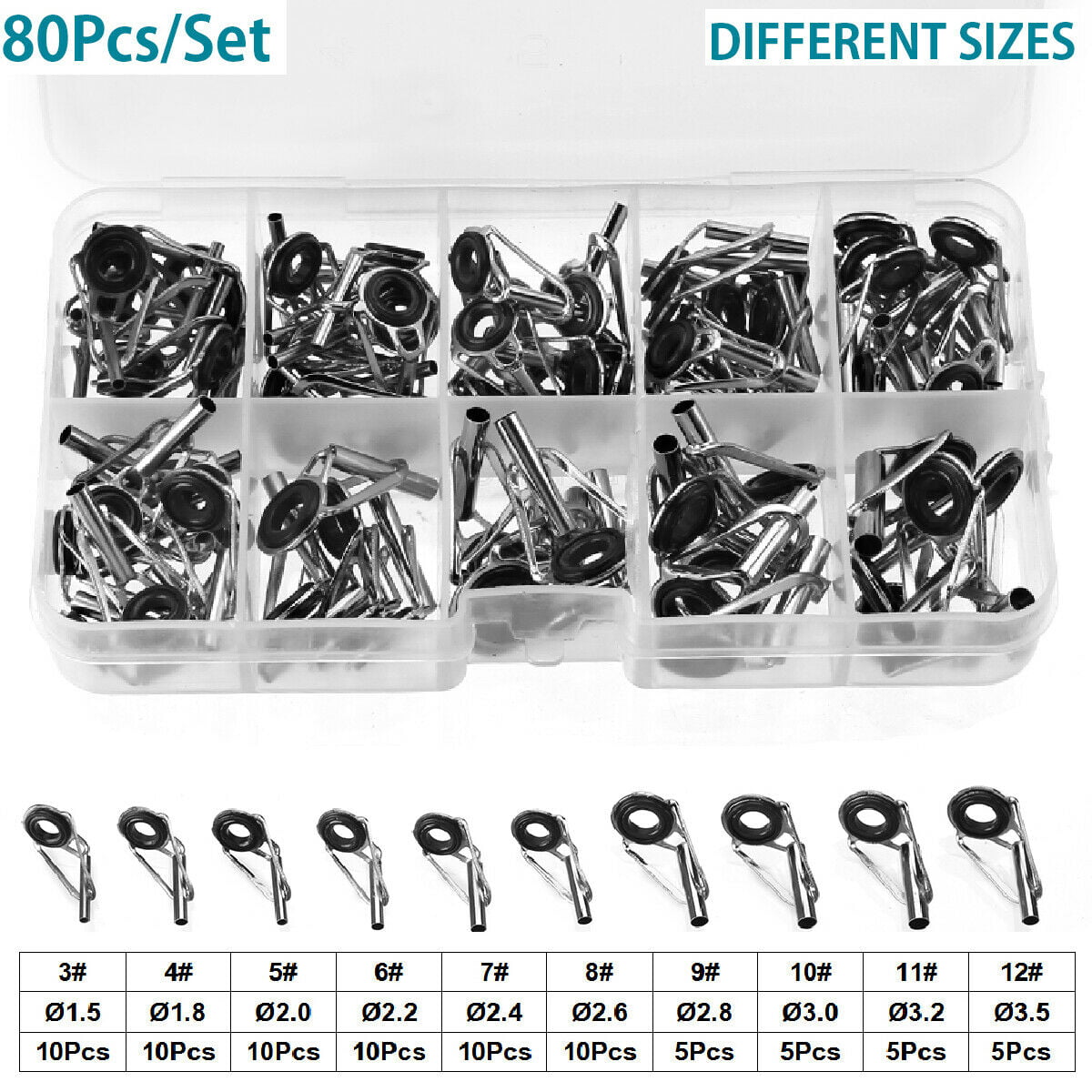 80Pcs Ceramic Fishing Rod Guide Tips Top Eye Rings Line Repair Kits 10 Size