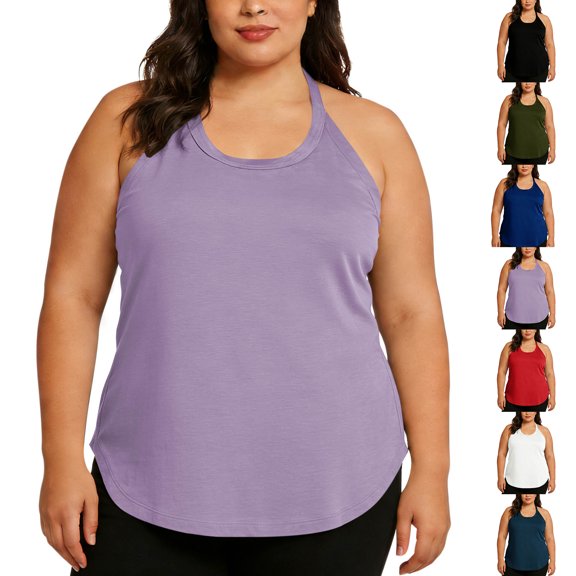Smsaxvxz Plus Size Active Camisole for Women Lightweight Solid Round Neck Sleeveless Tank Top Workout Breathable Gym Top Purple 5XL