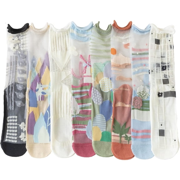 CHUNTIAN Sheer Socks,Vintage Transparent Flower Ankle High Socks,Thin Mesh Glass Silk Socks,No Slip Socks for Women