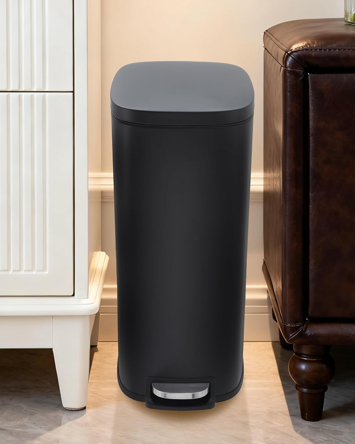 13 gal Slim Trash Can, Step Garbage Can with Soft-Close Lid, Stainless Steel Recycling Bin Waste Container with Removable Inner Bucket for Kitchen, Bathroom, Office (Black)