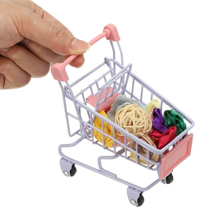 Mini Shopping Cart, Tiny Shopping Cart Trolley Miniature Grocery Supermarket Handcart Small Basket with Wheels for Pretend Play Dolls Storage Store Toy Dollhouse Gift, Purple Pink