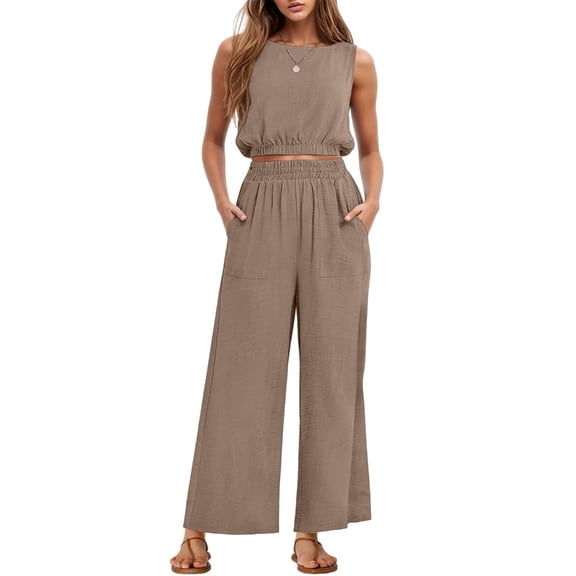 Aellinatey Two Piece Sets for Women Sleeveless Crop Top Wide Leg Pants Sweat Set for Women Tracksuits