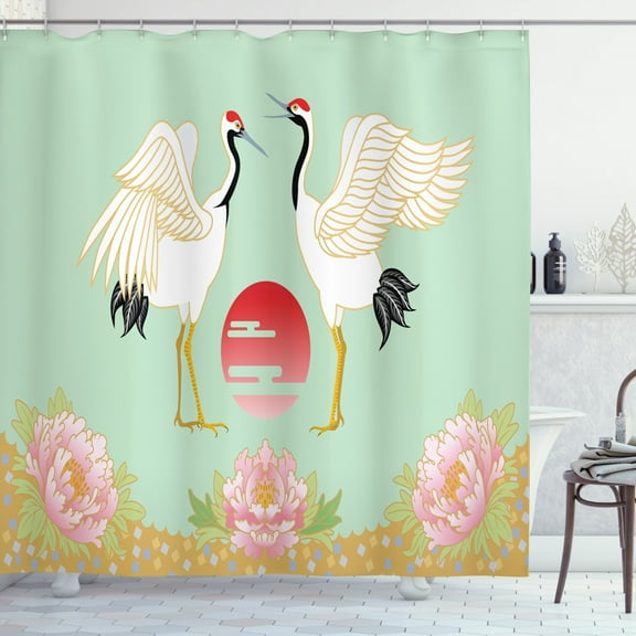 Ambesonne Feather Shower Curtain, Japanese Cranes Sunrise, 69"Wx70"L, Multicolor