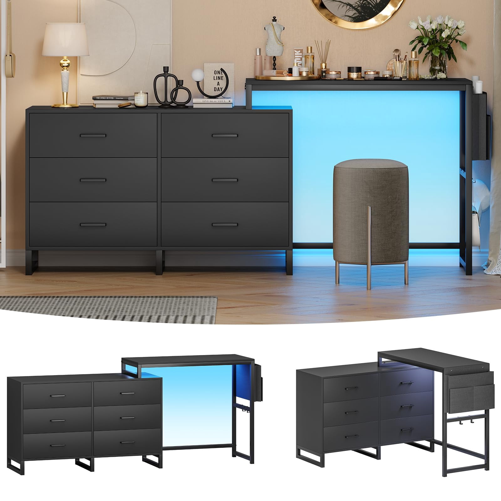 Black 6 Drawer Dresser with LED Light and Desk, Reversible Corner L