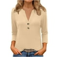 thumbnail image 2 of Fznquz 3/4 Sleeve Ladies Tops and Blouses Plain Beige V Neck Tee Button Fall Solid Color Casual Fashion Clothing,M, 2 of 6