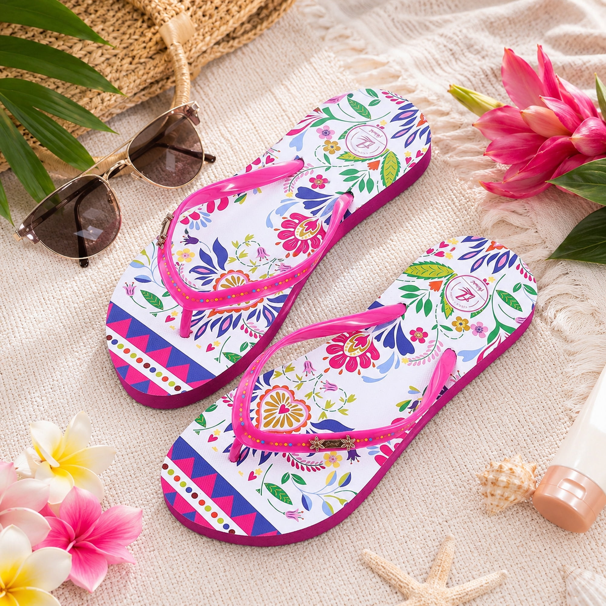 Women’s Tropical Flip Flops, Lightweight Summer Thong Sandals, Floral Beach Pool Vacation Shoes with Pink Strap