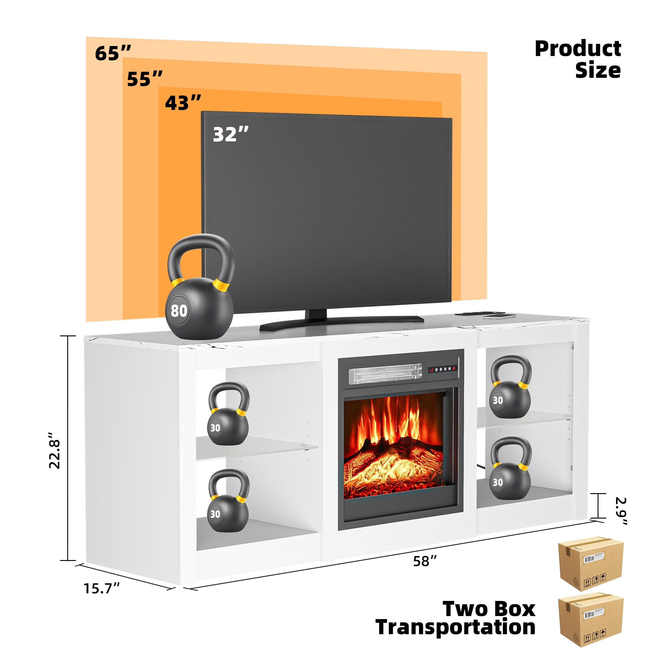 BREEZEHEAT Electric Fireplace TV Stand-Led Entertainment Center-58 inch TV Stand with 18" Electric Fireplace-Living Room Tv Cabinet with Storage for TVs up to 65"，Modern Media Console (White)