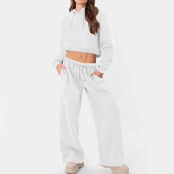 ClodeEU Womens 2 Piece ,Hooded Crop Sweatshirts Sets Matching Wide Leg Athletic Pants With Pockets Drawstring White,Womens Plus M