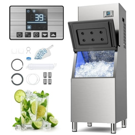 Commercial Ice Maker 380LBS Ice Storage Bin, Durable Stainless Steel and Adjustable Steel Feet