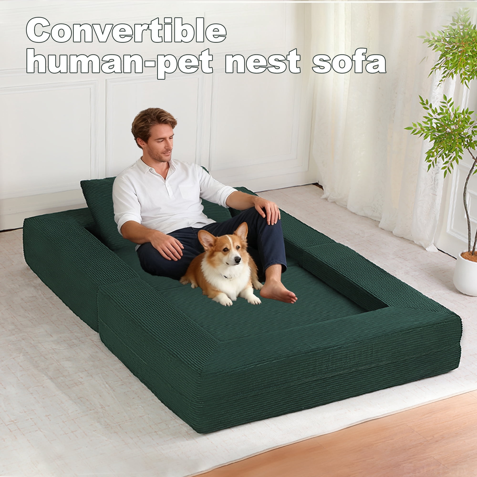 Compression Human Dog Sofa Bed for Adult & Pets, Modern Floor Couch With Pillow for Living Room Bedroom, Corduroy Fabric, No Assembly Required