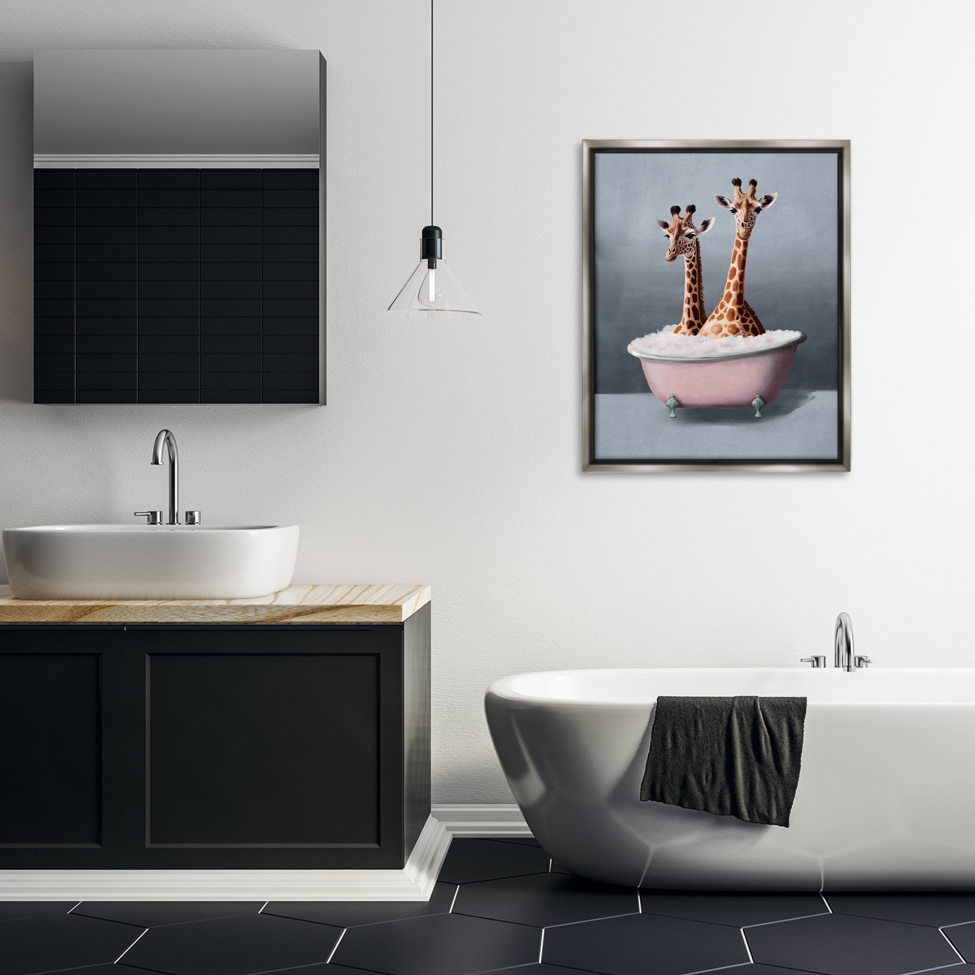 Stupell Industries Giraffe Pair in Tub Bath & Laundry Painting Gray Floater Framed Canvas Art Print Wall Art, 25 x 31