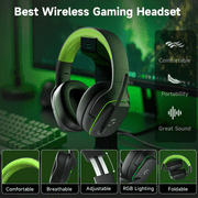 Wireless Gaming Headset 2.4GHz for PS5/PS4/PC/Switch,Bluetooth 5.3 Headphones with Noise-Canceling Mic, 7.1 Surround Sound, 70H Battery Life, RGB Lights, Foldable, Portable-Black&Green