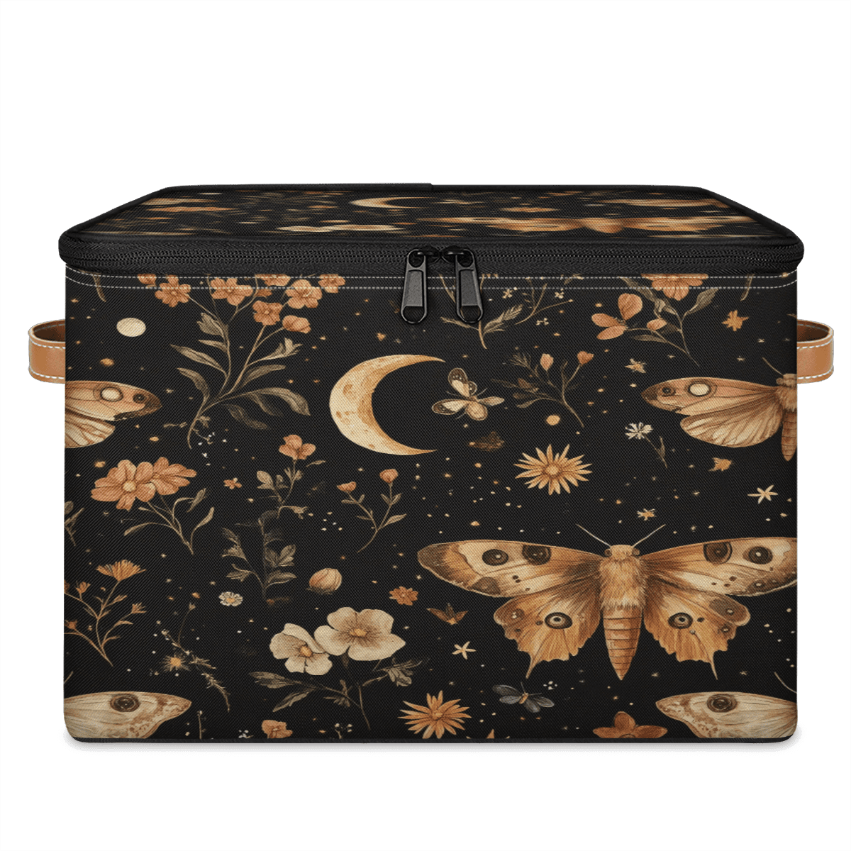 ADECORIVY Butterfly Storage Bin with Lid Fabric Moth Floral Moon Foldable Storage Baskets Boxes for Clothes Shelves Closet Organizer Containers with Leather Handles for Wardrobe