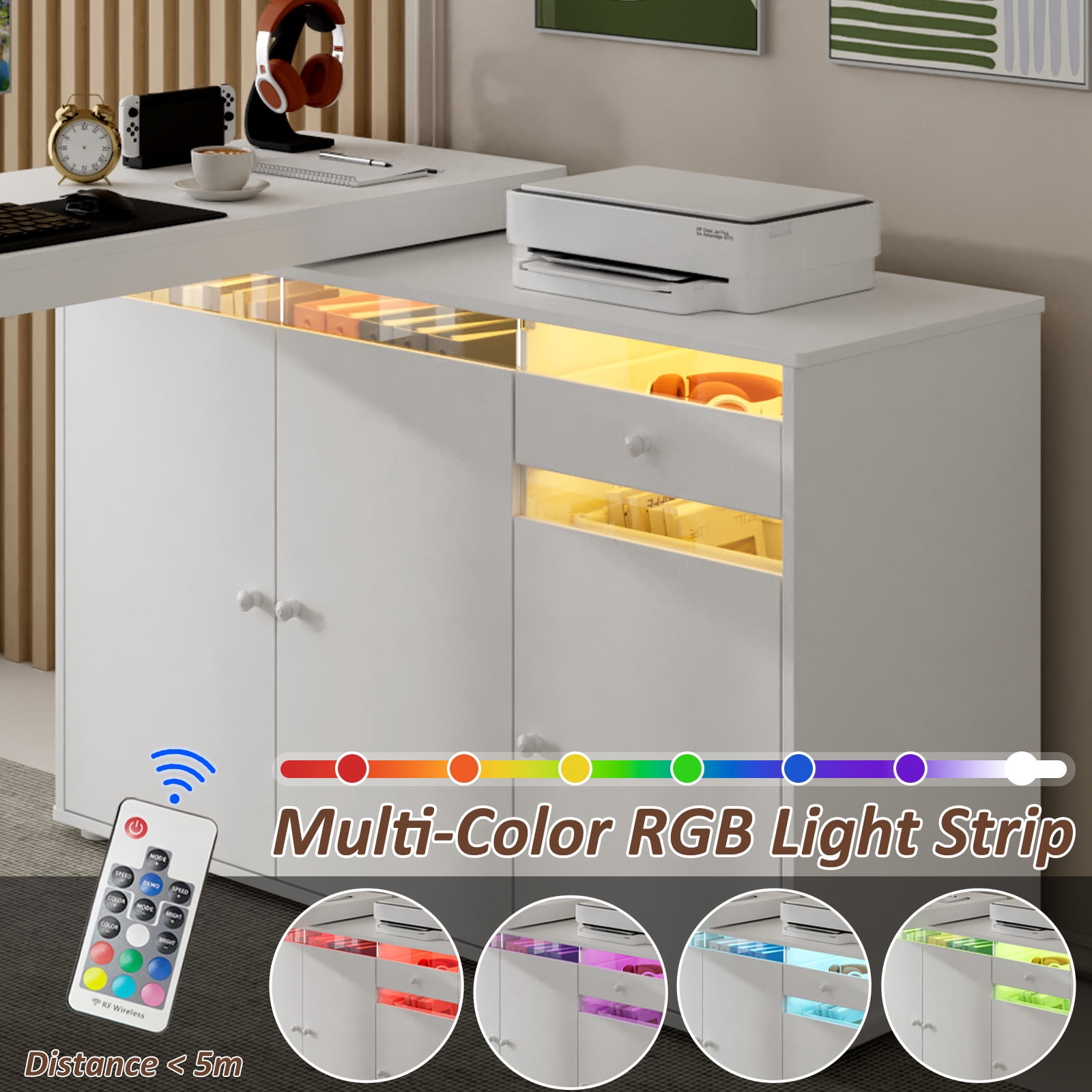 Advwin 53" Rotating L-Shaped Computer Desk with LED Light, Storage Cabinet, Drawer & Shelves, Modern Study Writing Table, Home Office Bedroom Workstation for Small Space, White