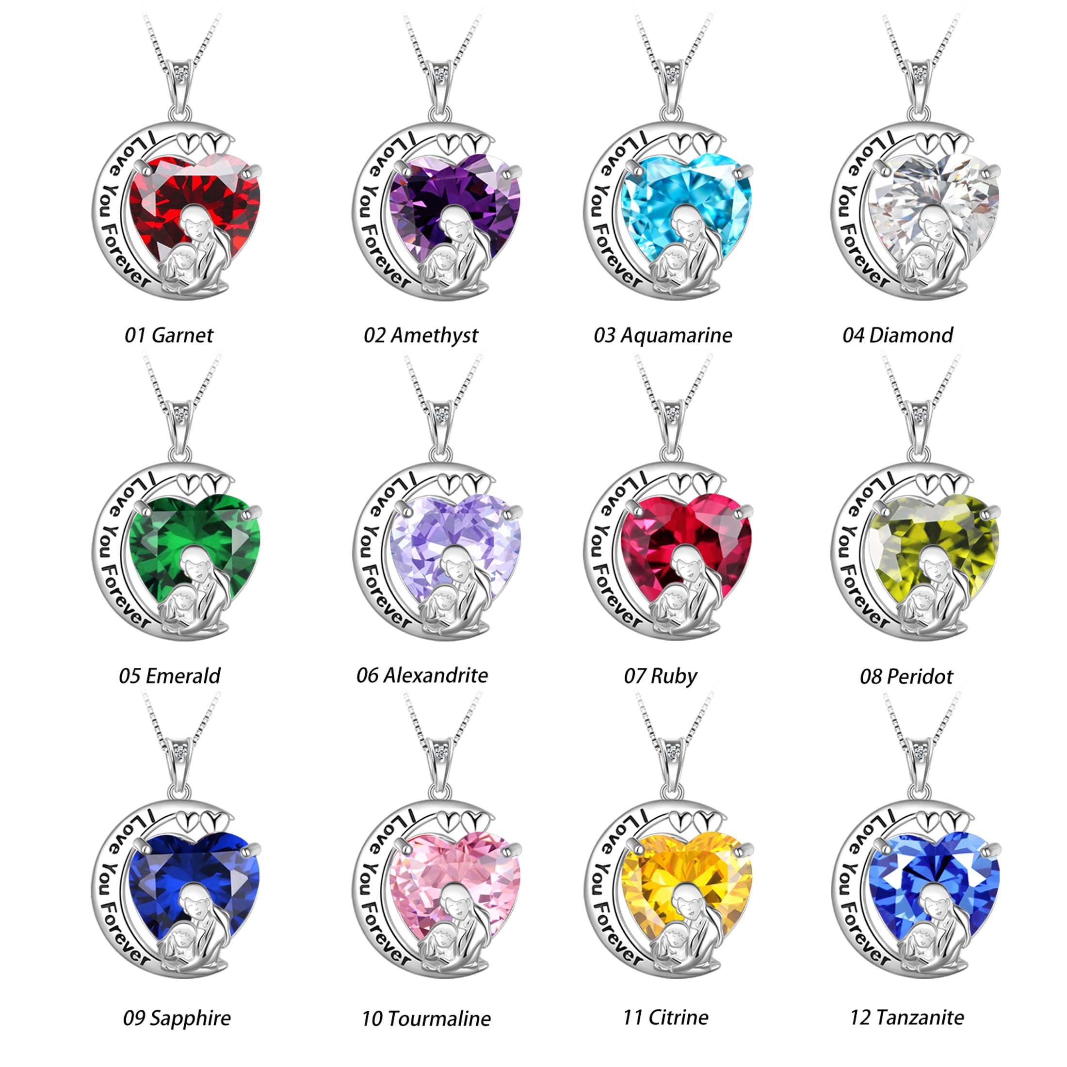 Juwaliy Moon Heart Mother Daughter Necklace 925 Sterling Silver Green Emerald May Birthstone Pendant Jewelry Women Mom Christmas Birthday Mother's Day Gift