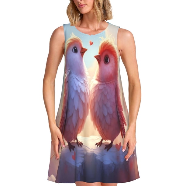Easygdp Heart Sky Bird Couple para Vestido Transpirable de Mujer, Vestido Suelto de Manga Corta con Pliegues y Bolsillos para el Verano