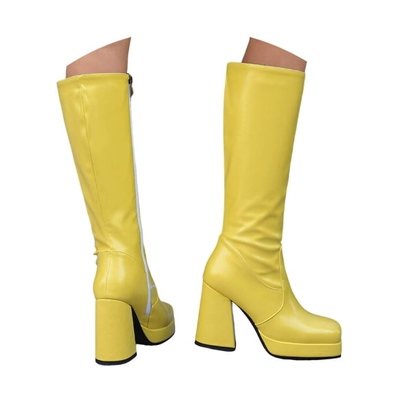 Platform Knee High Boots for Women Square Toe Chunky Block Heeled Leather Stretchy Knee Length Booties