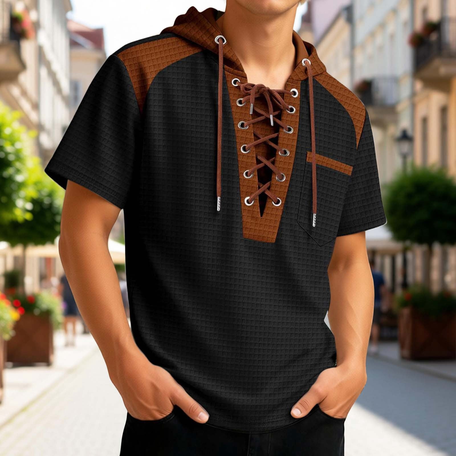 Rhuody T Shirts For Men Adult Referee Shirt V Neck Striped Sweatshirt Short Sleeved Top Retro Clothing Black L
