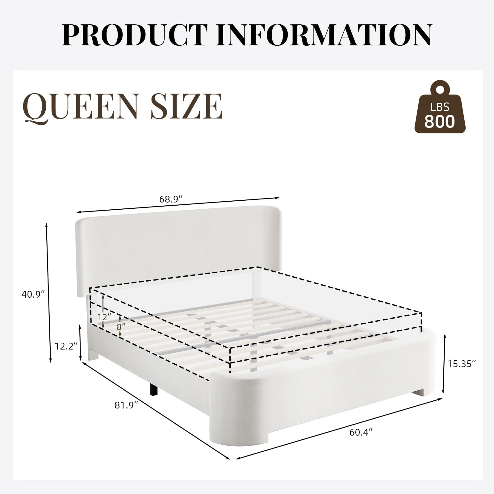 4 Ever Winner Queen Size White Velvet Bed Frame, Elegant Curved Upholstered Bed Frame with Rounded Safety Corners, Stable Noise-Free Platform Bed Frame, Easy Assembly, White Bedroom Bed
