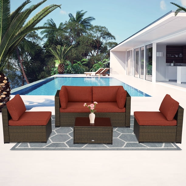 Kinbor 5pcs Outdoor Patio Furniture Set Wicker Sectional Sofa Conversation Chair Sofa Set with