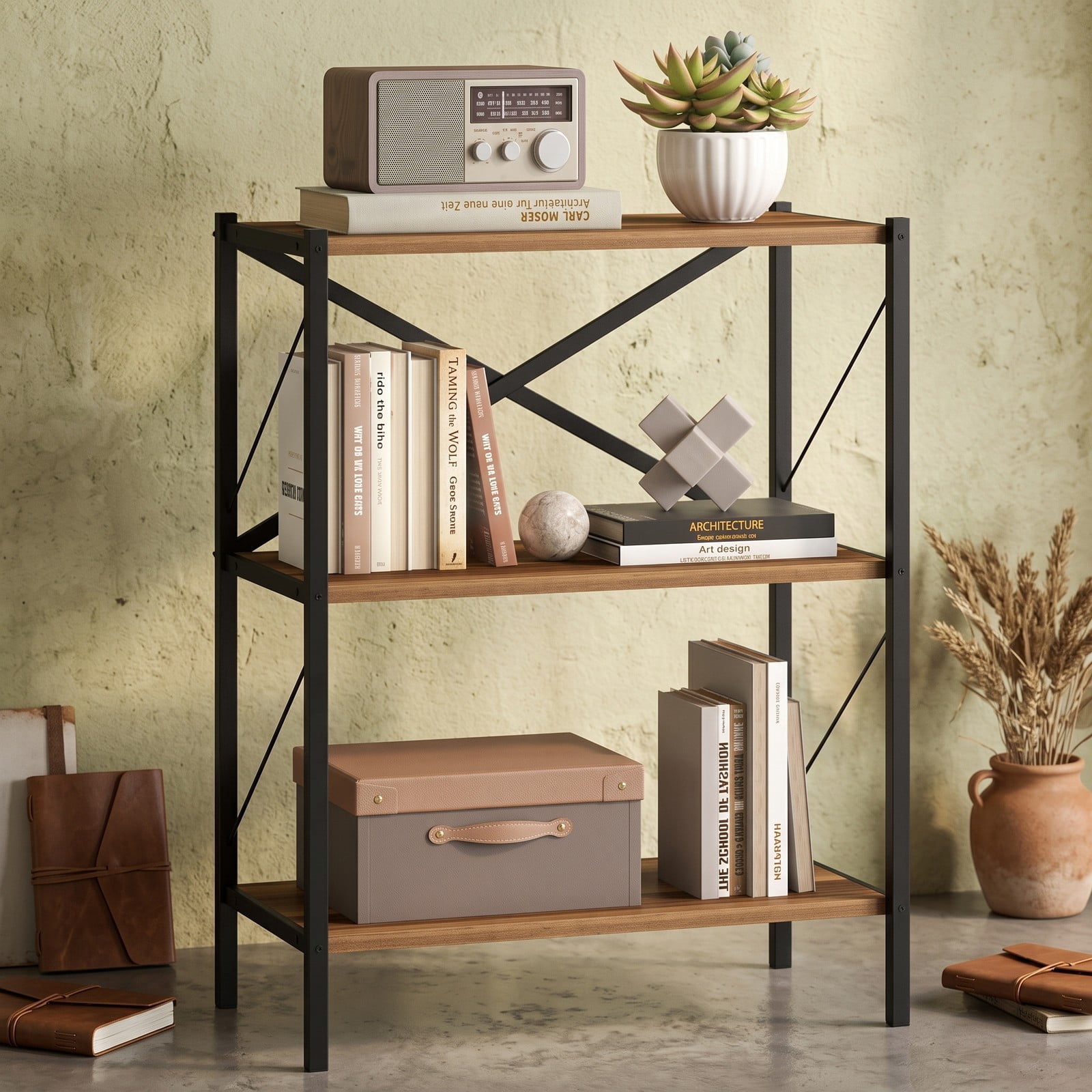Furnibear 3-Tier Bookshelf with Heavy-Duty Metal Frame, Freestanding X-Braced Bookcase Storage Organizer Shelf with Anti-Tipping Device for Living Room, Home, Walnut