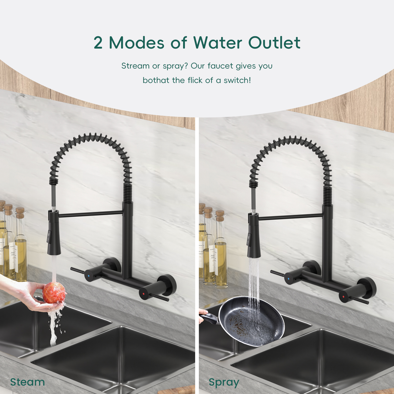 Wall Mount Kitchen Faucet 2 Handles, 8 Inch Center Wall Commercial Utility Sink Faucet with Pull Out Sprayer 2 Modes, Stainless Steel, Matte Black