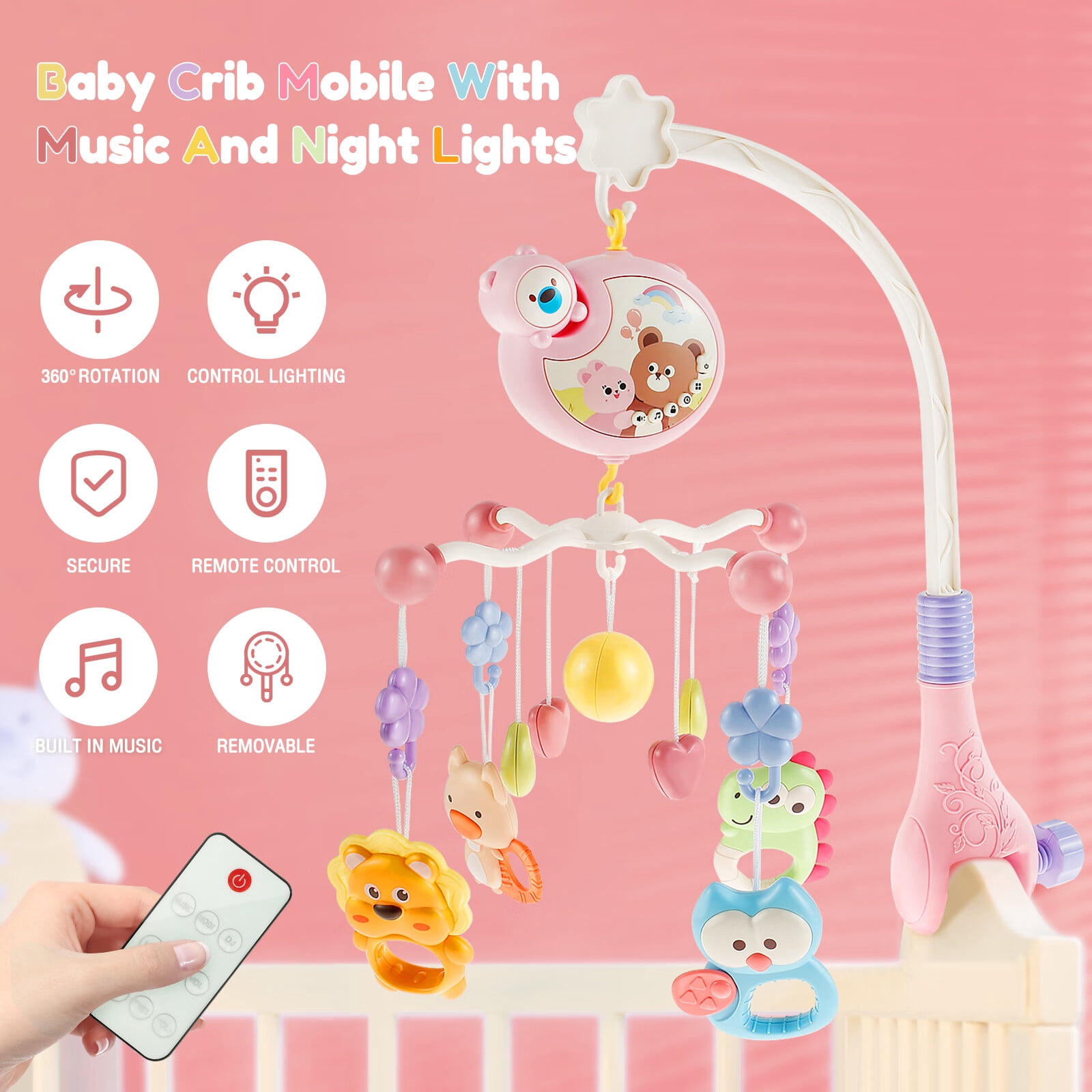 JTNero Baby Crib Mobile with Music and Light Cute 360° Rotation Crib Mobile Toys with Remote Control,Removable Music Box and Rattle 433 Songs for Baby Newborns 0 3 6 12 Months