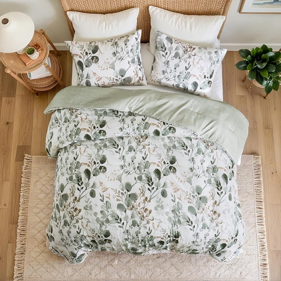 Lightweight Seersucker Botanical Comforter Set King Size, 3 Pieces Reversible Green Striped Microfiber Bedding with Pillow Shams