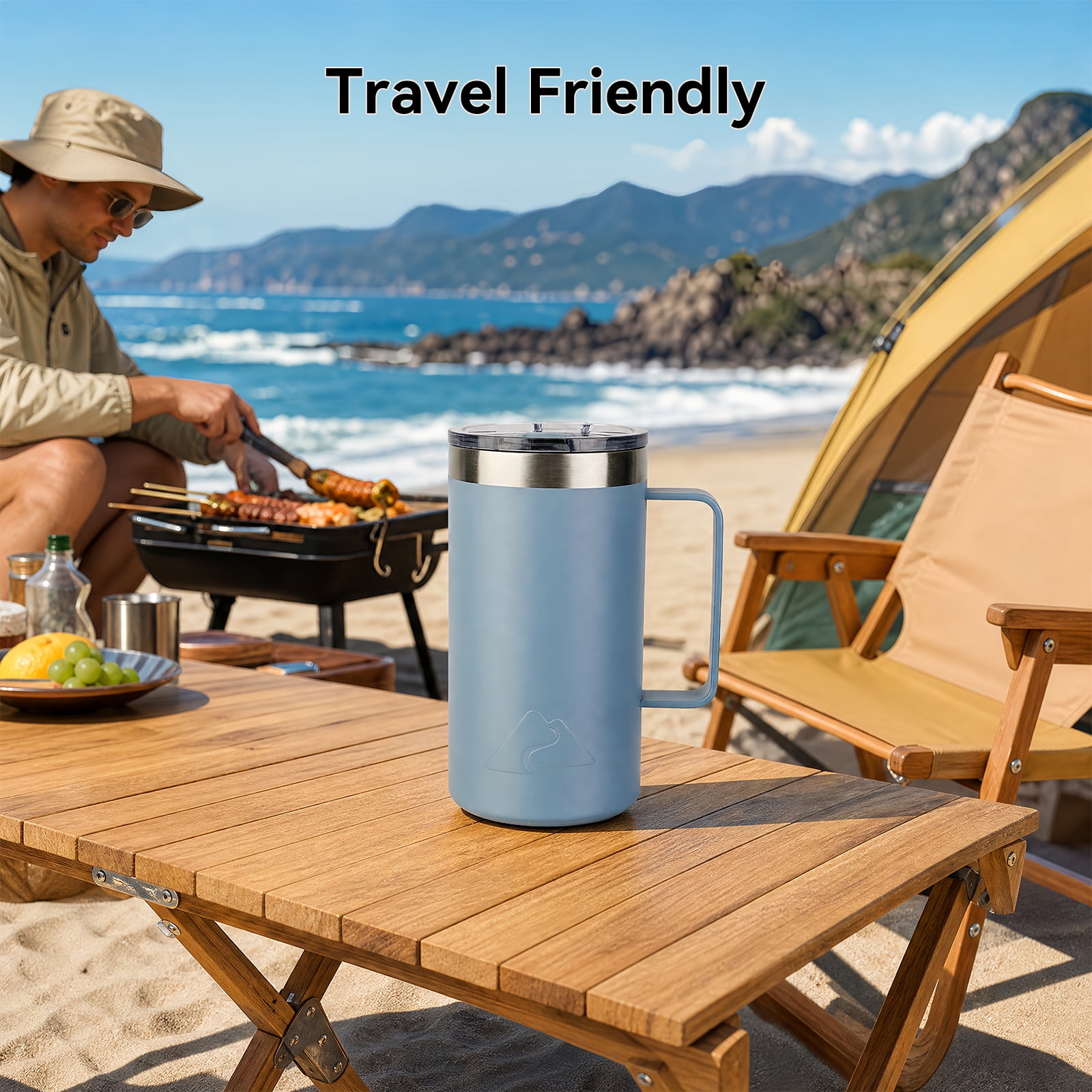 Ozark Trail 22oz Ceramic Lined Stainless Steel Insulated Coffee Mug with Magnetic Tritan Transparent Slider Lid, Blue