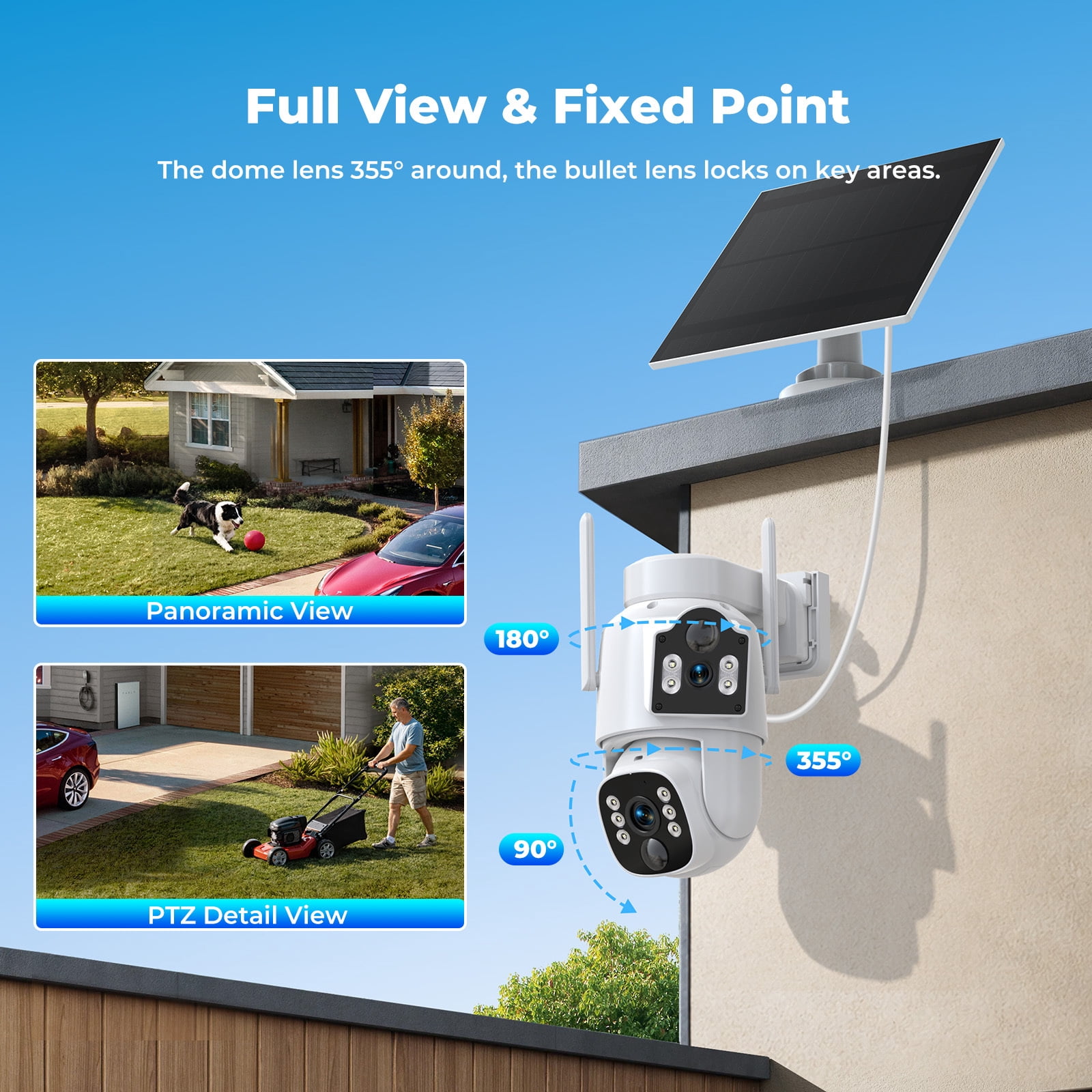 TOGUARD SC56 Solar Wireless Security Camera System Outdoor with 500G Hard Drive 4pcs 2K PTZ Dual Lens Linkage Security Surveillance Cameras Multi-Angle Monitoring