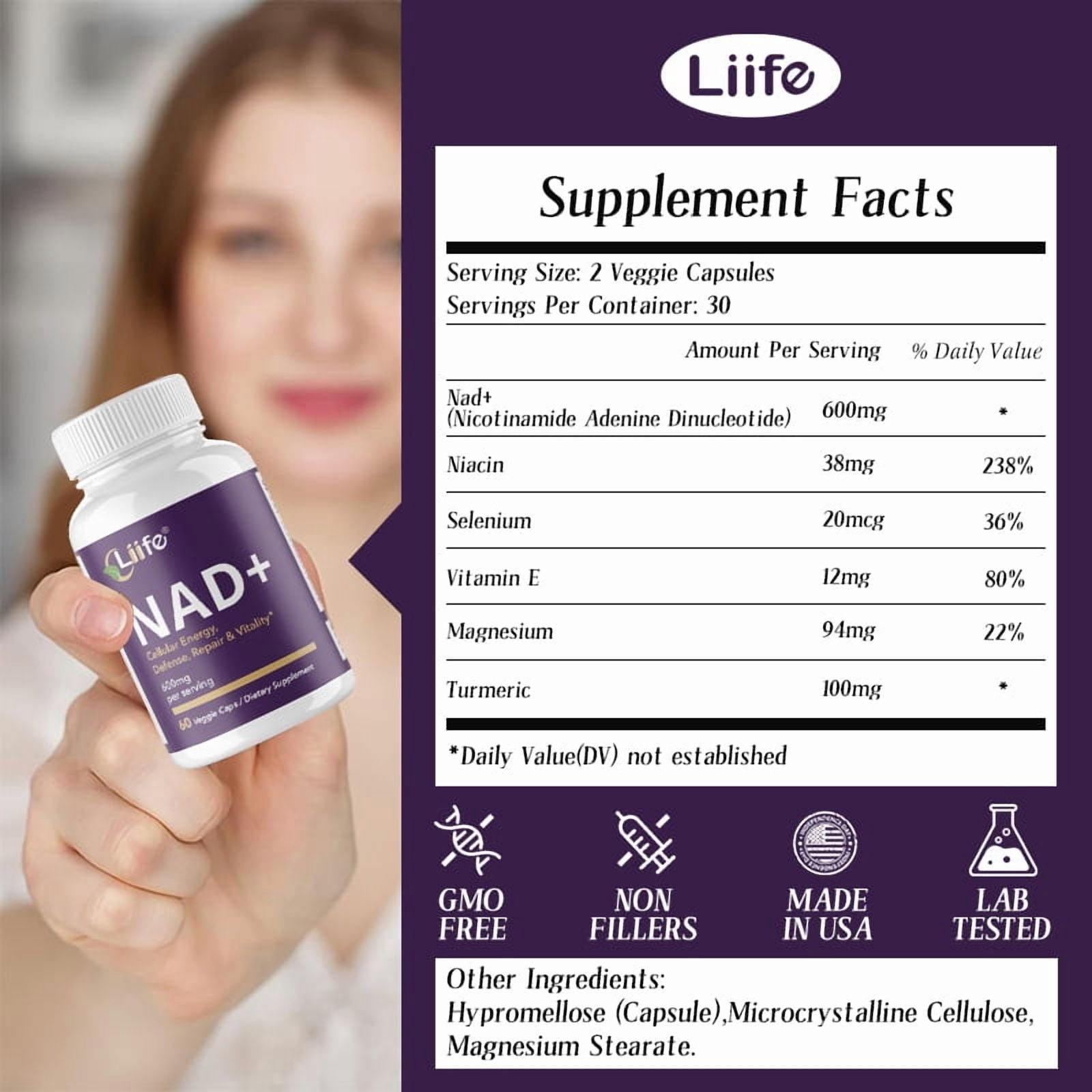 Liife Nicotinamide Adenine Dinucleotide 600mg, with Nicotinamide, Curcumin, Supports Anti-Aging, Cellular Renewal & Immune Defense, 60 Veggie Capsules