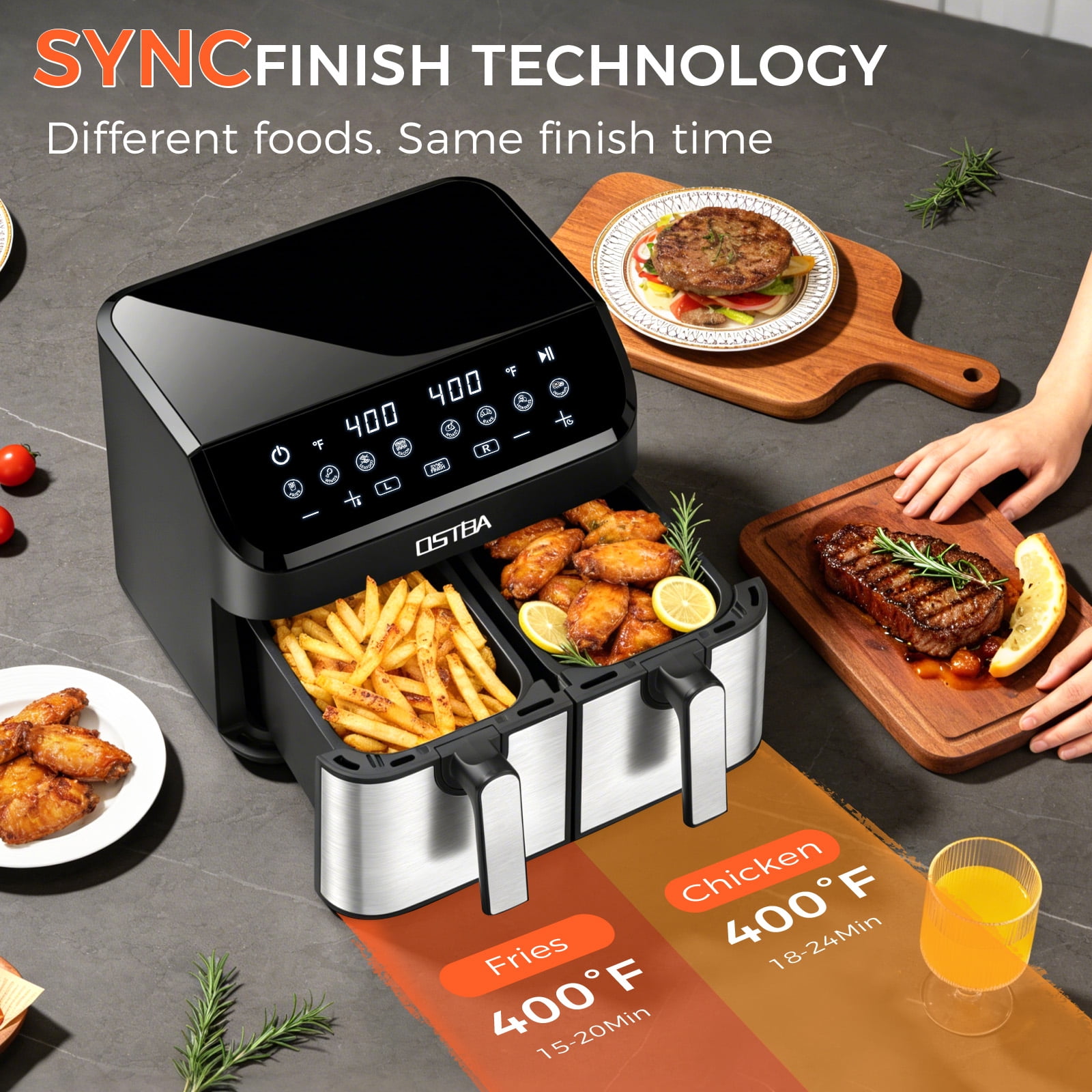 OSTBA 9.5QT Dual Basket Air Fryer, 1700W Double Drawer Air Fryer with Sync Finish, 8-in-1 Presets, Digital Touchscreen, Air Fry, Roast, Bake, Dehydrate, Oil-Free Family Size Cooker, Black