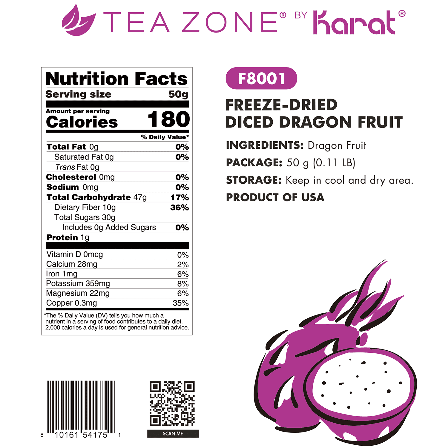 [12 Pack] Tea Zone Freeze-Dried Dragon Fruit, Diced - 1.76 oz